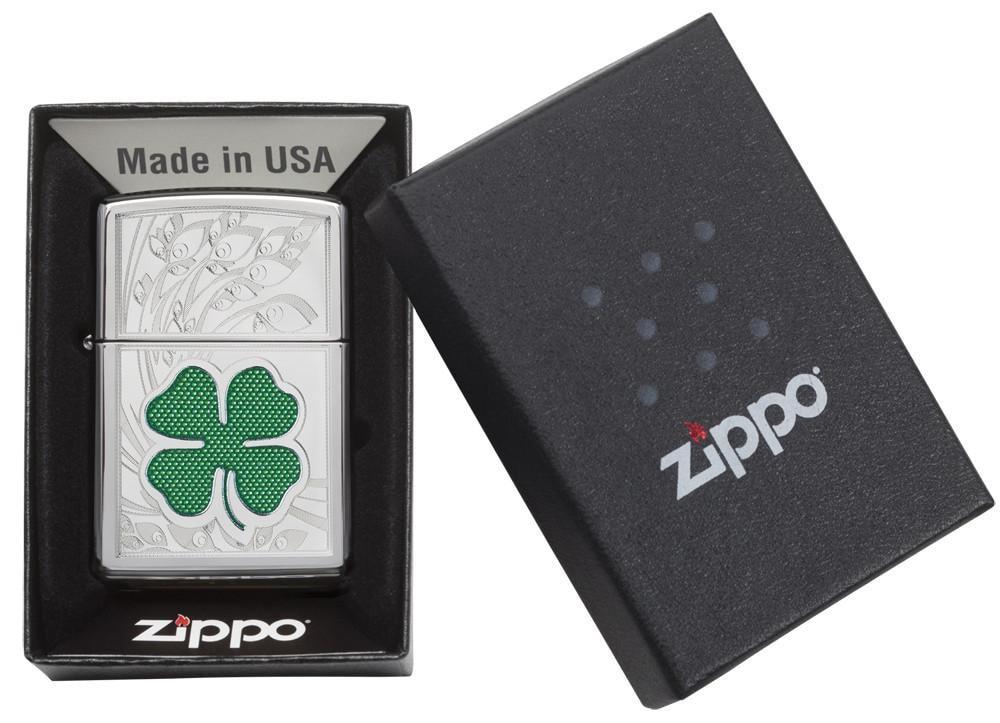 24699, Green & Silver Shamrock, Color Image & Auto Engraving, High Polish Chrome Finish