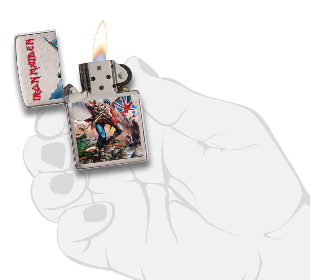 Iron Maiden Eddie the Head Album Artwork Brushed Chrome Windproof Lighter in hand