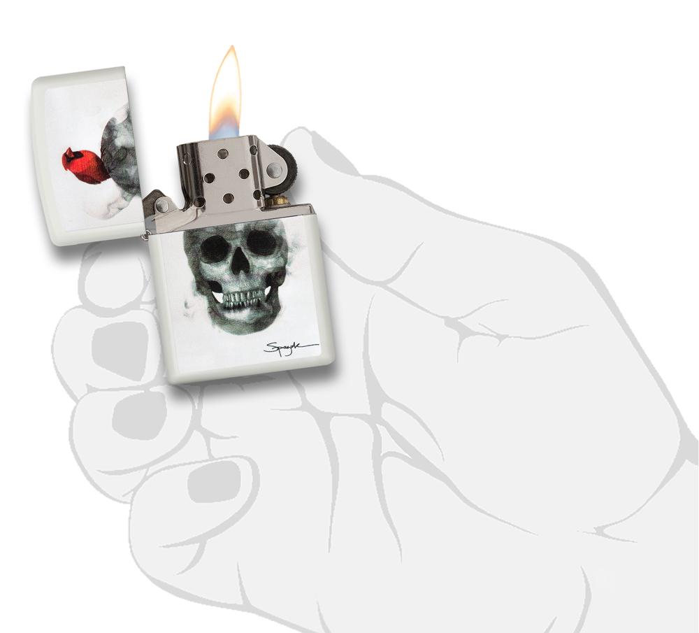 Steven Spazuk Art Skull and Bird Windproof Lighter in hand