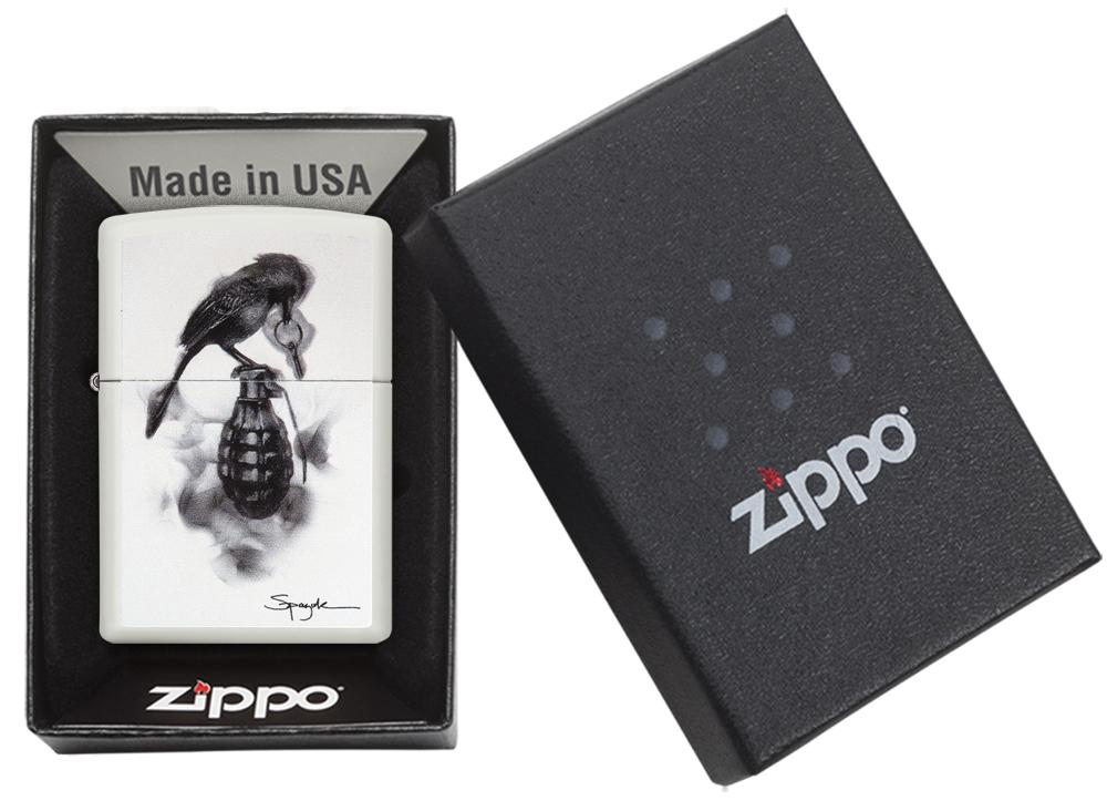 Steven Spazuk Art with Black Bird on Hand Grenade Windproof Lighter in packaging