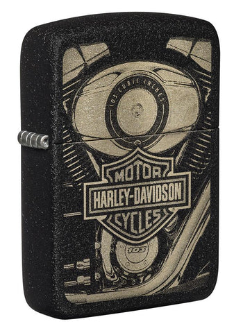 Front shot of Harley-Davidson® 1941 Replica Black Crackle Windproof Lighter standing at a 3/4 angle
