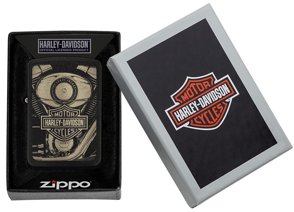 Harley-Davidson® 1941 Replica Black Crackle Windproof Lighter in its packaging
