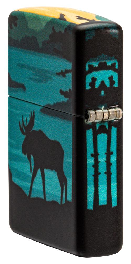 Me Landscape Design 540 Color Windproof Lighter standing at an angle, showing the back and hinge side of the lighters design