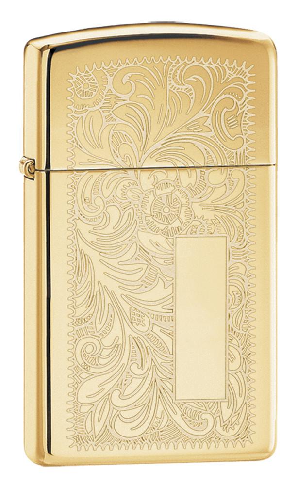 Slim High Polish Brass Venetian Windproof Lighter 3/4 View