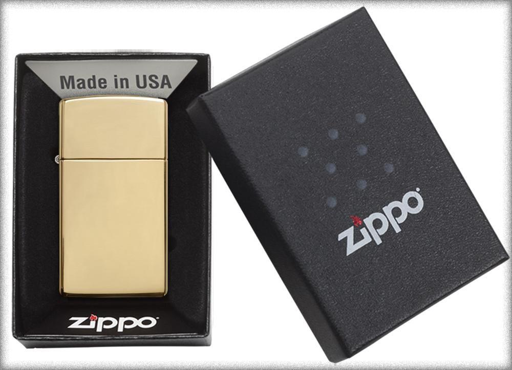 Slim® High Polish Brass Finish Windproof Lighter in its packaging