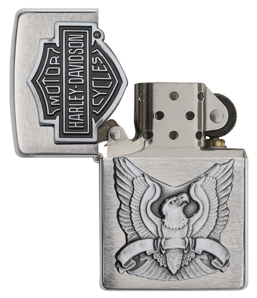 Harley-Davidson Eagle Wings Emblem Brushed Chrome Windproof Lighter open and unlit