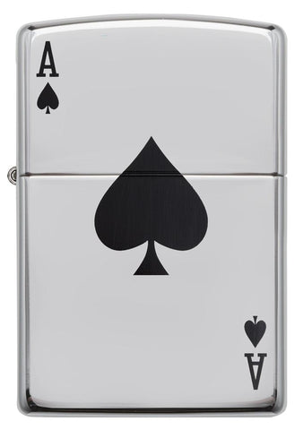 Black Ace of Spades Card High Polish Chrome Windproof Lighter Front View