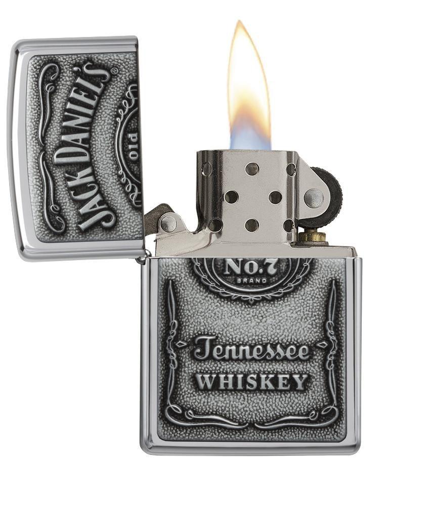 Jack Daniel's Tennessee Whiskey Emblem High Polish Chrome Windproof Lighter open and lit