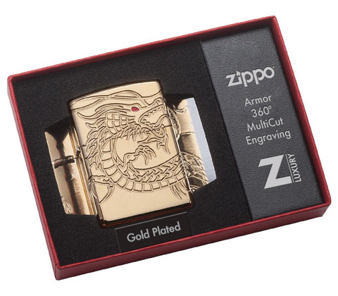 Armor® Asian Dragon 360-Degree Gold-Plate Windproof Lighter in its packaging