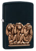 Front shot of Three Monkeys Black Matte Windproof Lighter standing at a 3/4 angle
