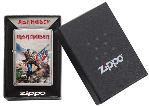 Iron Maiden Eddie the Head Album Artwork Brushed Chrome Windproof Lighter in packaging