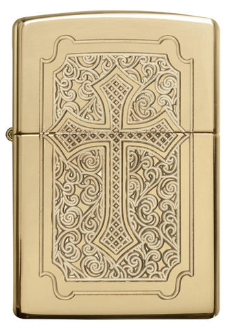 29436, Eccentric Religious Golden Cross, Deeo Carve, High Polish Brass, Armor Case