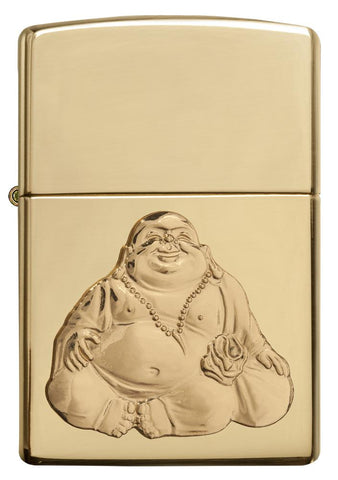 Laughing Buddha Emblem High Polish Brass Windproof Lighter Front View