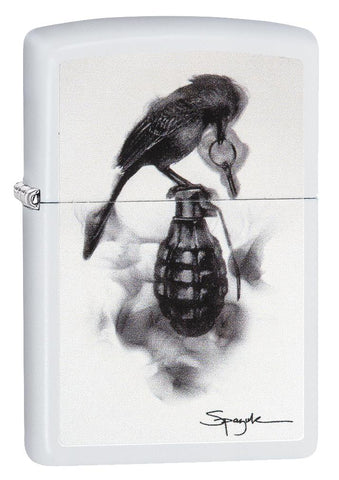 Steven Spazuk Art with Black Bird on Hand Grenade Windproof Lighter 3/4 View