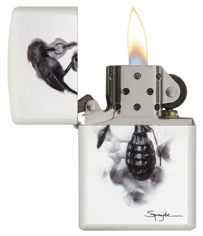 Steven Spazuk Art with Black Bird on Hand Grenade Windproof Lighter open and lit