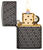 Hexagon Design Black Ice Windproof Lighter with its lid open and lit