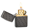 Hexagon Design Black Ice Windproof Lighter with its lid open and lit at a 3/4 angle