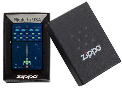 Pixel Game Navy Matte windproof lighter in packaging 