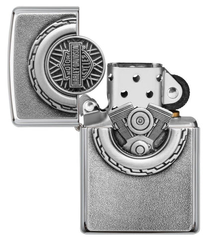Harley-Davidson® Engine Surprise Emblem Street Chrome Lighter  with its lid open and unlit