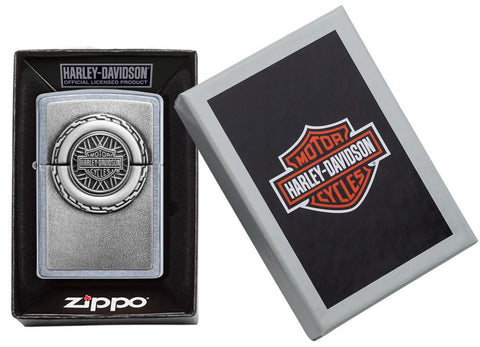 Harley-Davidson® Engine Surprise Emblem Street Chrome Lighter in its packaging