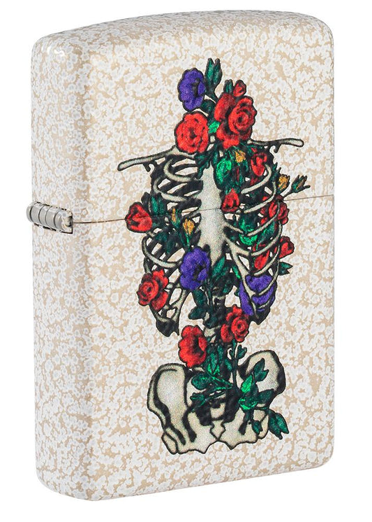 Front shot of Floral Skeleton Design Windproof Lighter standing at a 3/4 angle