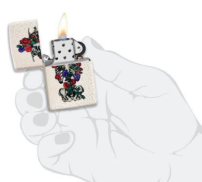 Floral Skeleton Design Windproof Lighter lit in hand