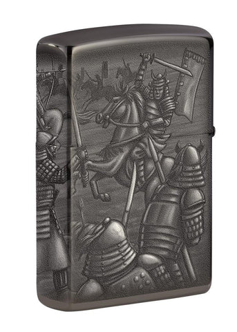 Back shot of Knight Fight Design High Polish Black Windproof Lighter standing at a 3/4 angle