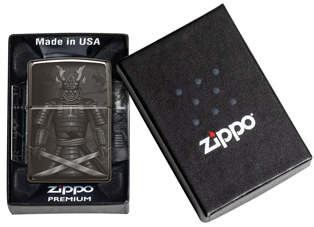 Knight Fight Design High Polish Black Windproof Lighter in its premium packaging