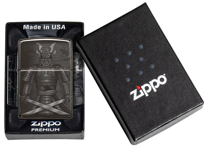 Knight Fight Design High Polish Black Windproof Lighter in its premium packaging