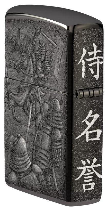 Angled shot of Knight Fight Design High Polish Black Windproof Lighter showing the back and right side of the lighter