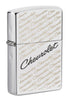 Front shot of Chevrolet® High Polish Chrome Windproof Lighter standing at a 3/4 angle
