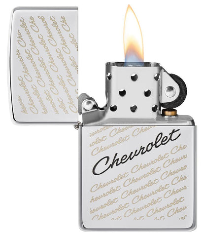 Chevrolet® High Polish Chrome Windproof Lighter with its lid open and lit