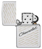 Chevrolet® High Polish Chrome Windproof Lighter with its lid open and unlit