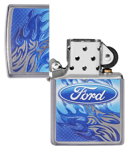 Ford Flame Logo Street Chrome™ Windproof Lighter with its lid open and unlit