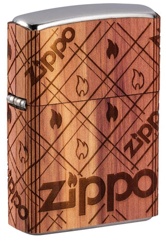 Front shot of WOODCHUCK USA Zippo Cedar Wrap Windproof Lighter standing at a 3/4 angle