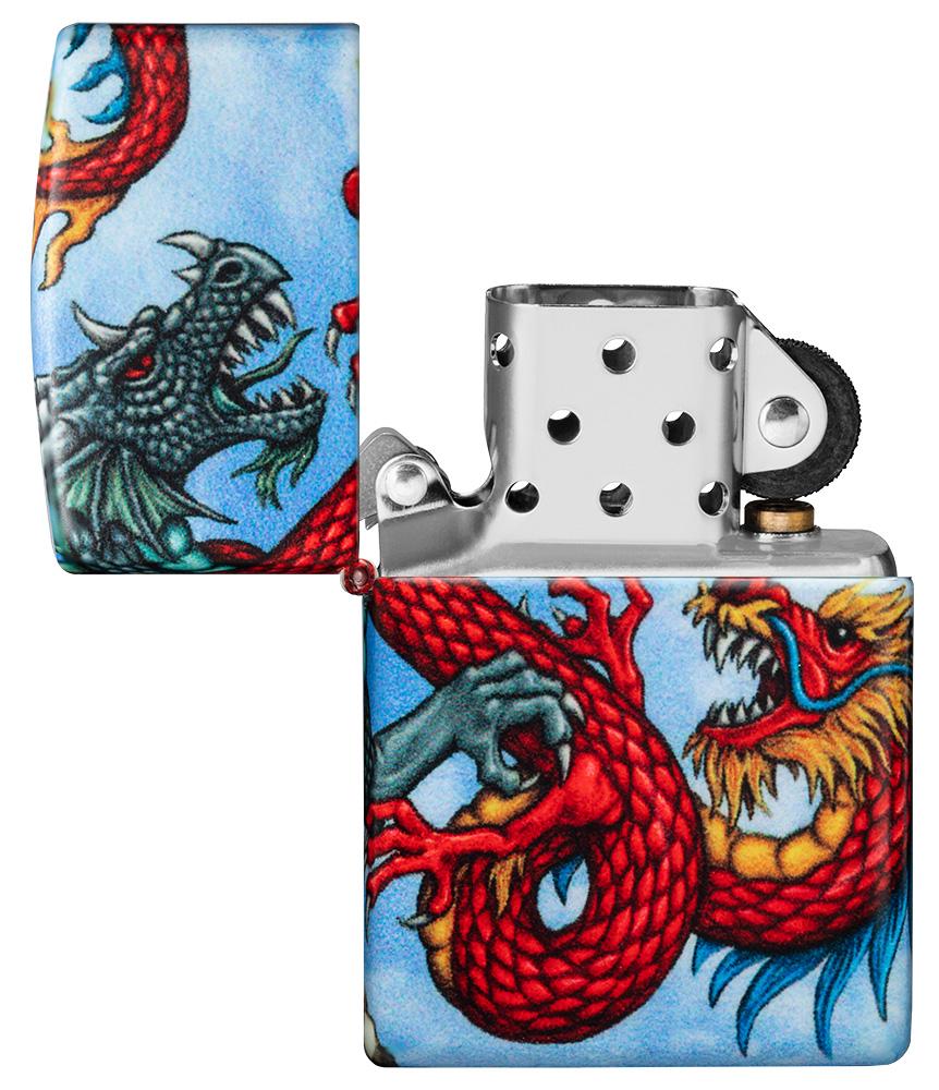 Dragon Design 540 Color Windproof Lighter with its lid open and unlit