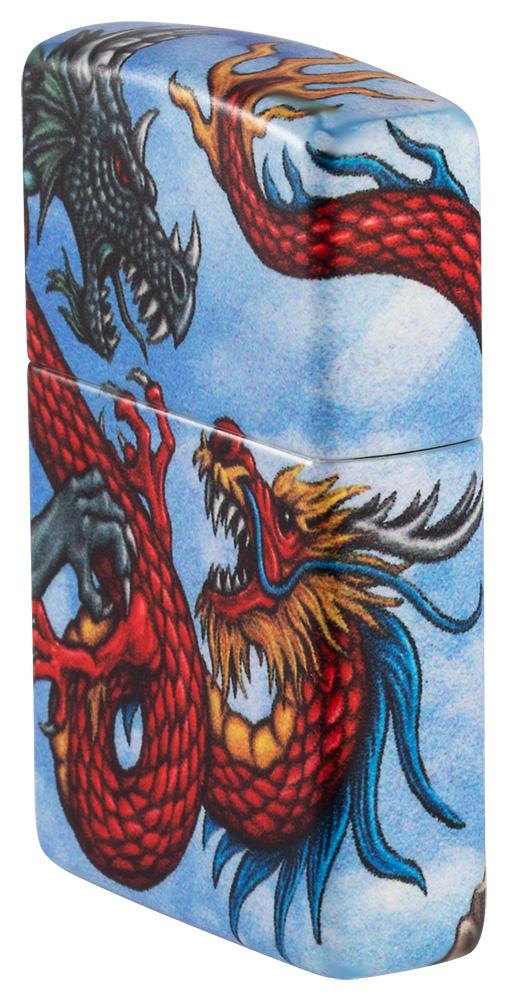 Angled shot of Dragon Design 540 Color Windproof Lighter showing the front and right side of the lighter