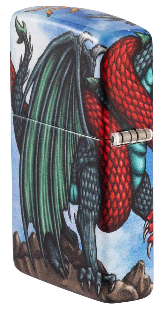 Angled shot of Dragon Design 540 Color Windproof Lighter showing the back and hinge side of the lighter