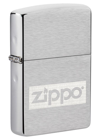 Brushed Chrome Zippo logo windproof lighter standing at a 3/4 angle