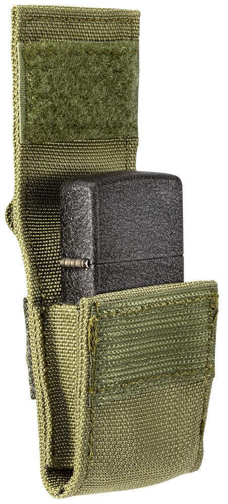 Side view of OD Green Tactical Pouch with included Black Crackle Windproof Lighter