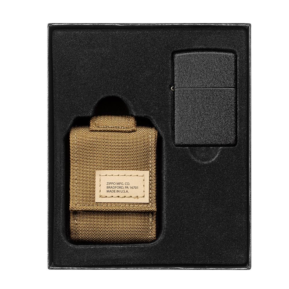 Coyote Tactical Pouch and Black Crackle Windproof Lighter Gift Set in packaging