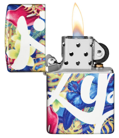 Zippo Floral Design 540 Color Windproof Lighter with its lid open and lit