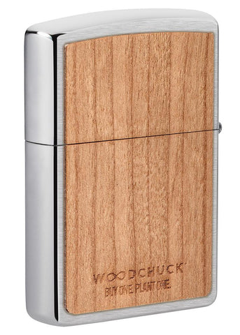 Back shot of WOODCHUCK USA Cherry Emblem Windproof Lighter standing at a 3/4 angle