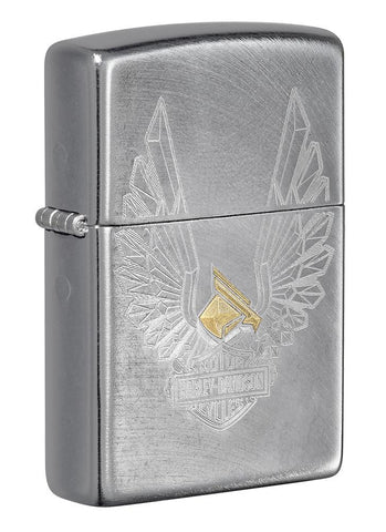 Front shot of Harley-Davidson® Eagles Logo Chrome Arch Windproof Lighter standing at a 3/4 angle