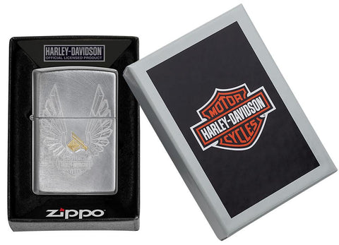 Harley-Davidson® Eagles Logo Chrome Arch Windproof Lighter in its packaging