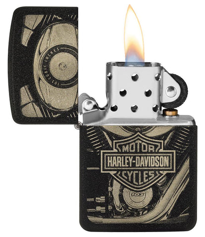 Harley-Davidson® 1941 Replica Black Crackle Windproof Lighter with its lid open and lit