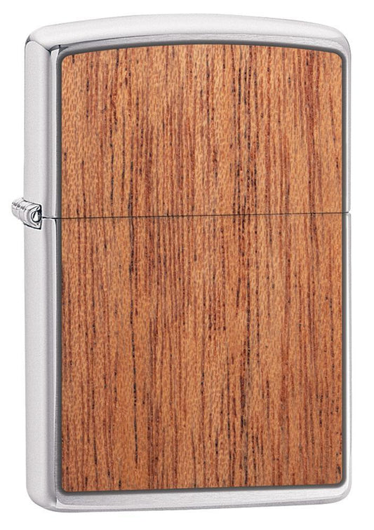 WOODCHUCK USA Mahogany Brushed Chrome windproof lighter facing forward at a 3/4 angle