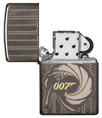 Front view of the James Bone 007 Black ice Lighter open and unlit