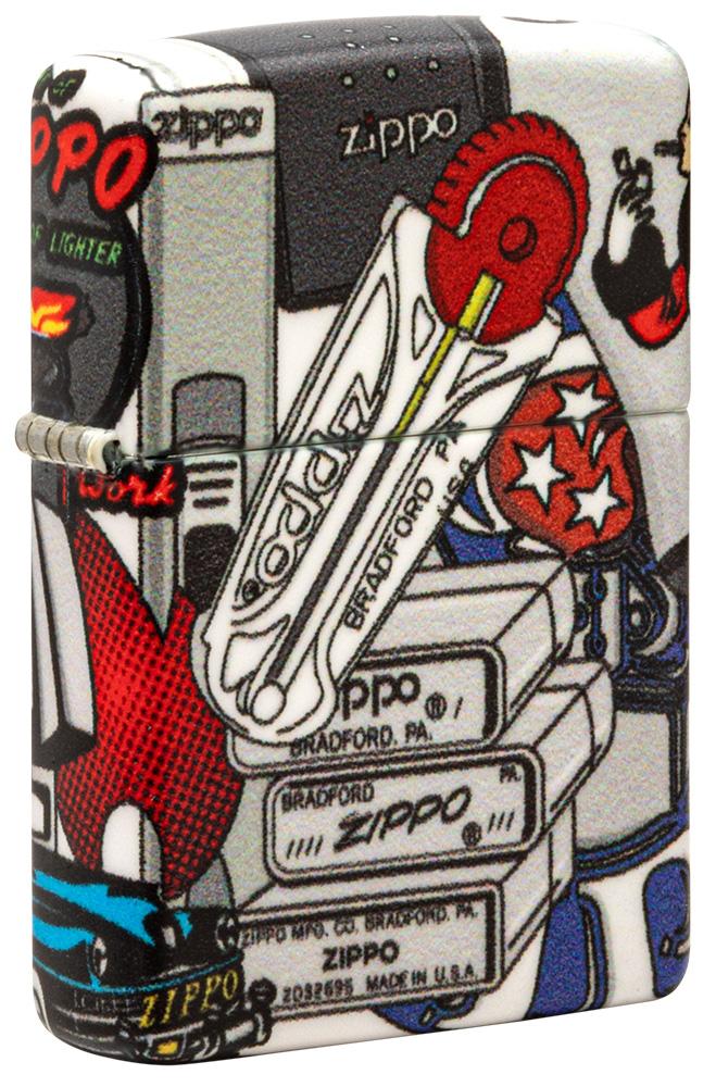 Front shot of Zippo I Spy 540 Color Windproof Lighter standing at a 3/4 angle 