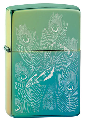 Front shot of Peacock Design High Polish Teal Windproof Lighter standing at a 3/4 angle